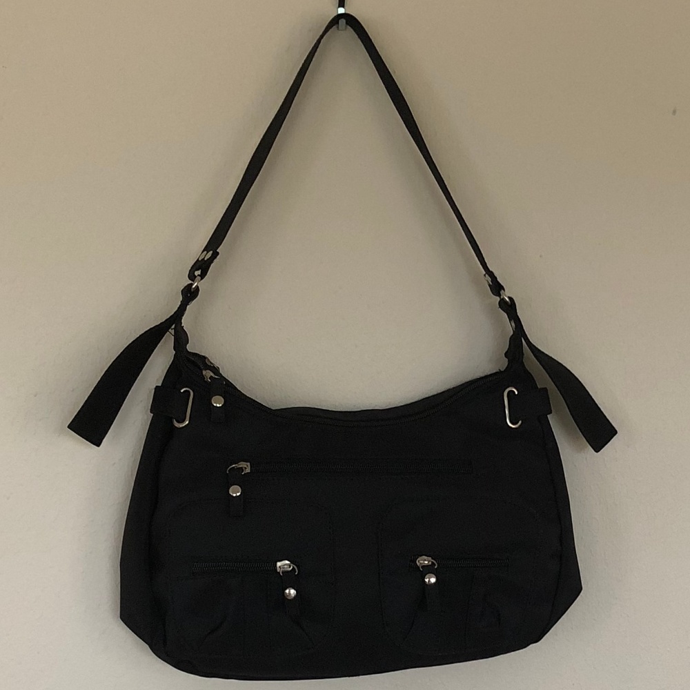 Black polyester over the shoulder handbag